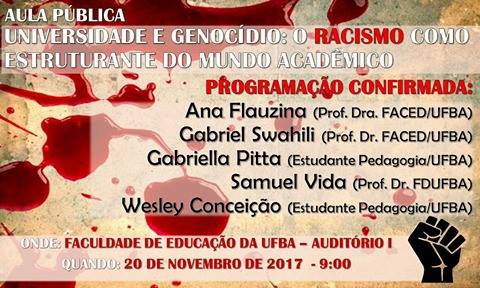 Leia mais sobre o artigo Ao vivo – Universidade e o genocídio: o racismo como estruturante do mundo acadêmico. Dia 20/11/2017 às 9:00